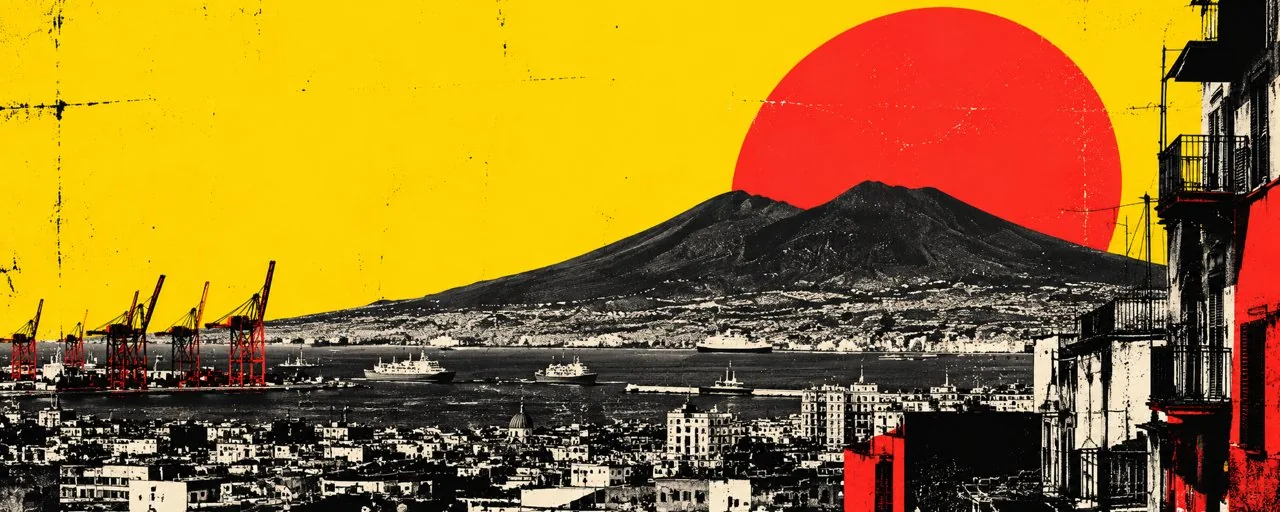 Illustrazione editoriale del Vesuvio e del porto di Napoli